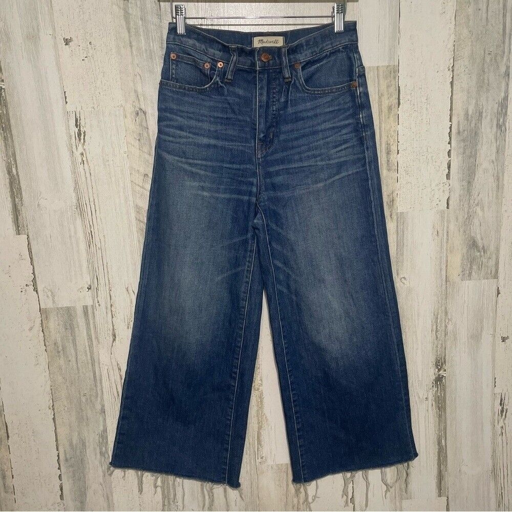 Madewell‎ High Rise Wide Leg Crop Raw Hem Jeans size 26 -Medium Stone Wash Denim